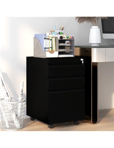 Vinsetto Steel Mobile File Cabinet, 3-Drawer, Lockable, Wheels, Pencil Tray, for A4/Legal, Black 924-067V00BK