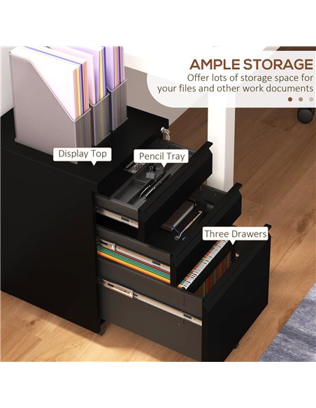 Vinsetto Steel Mobile File Cabinet, 3-Drawer, Lockable, Wheels, Pencil Tray, for A4/Legal, Black 924-067V00BK - pic 58492 | FastDaddyshop