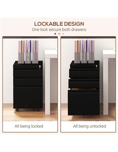Vinsetto Steel Mobile File Cabinet, 3-Drawer, Lockable, Wheels, Pencil Tray, for A4/Legal, Black 924-067V00BK