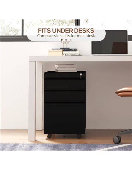 Vinsetto Steel Mobile File Cabinet, 3-Drawer, Lockable, Wheels, Pencil Tray, for A4/Legal, Black 924-067V00BK - pic 58496 | FastDaddyshop