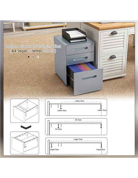 Vinsetto Lockable Cabinet, Rolling Filing Cabinet with 3 Drawers, Steel Office Drawer Unit for A4, Letter, Legal Sized Files 924 - pic 58503 | FastDaddyshop