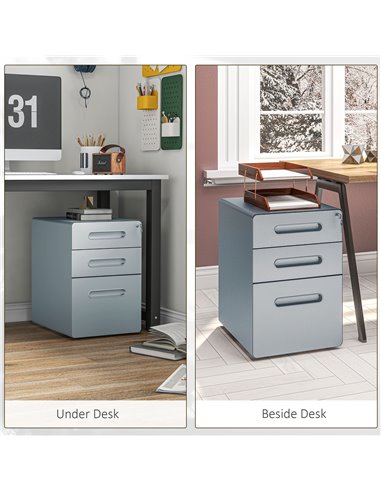 Vinsetto Lockable Cabinet, Rolling Filing Cabinet with 3 Drawers, Steel Office Drawer Unit for A4, Letter, Legal Sized Files 924