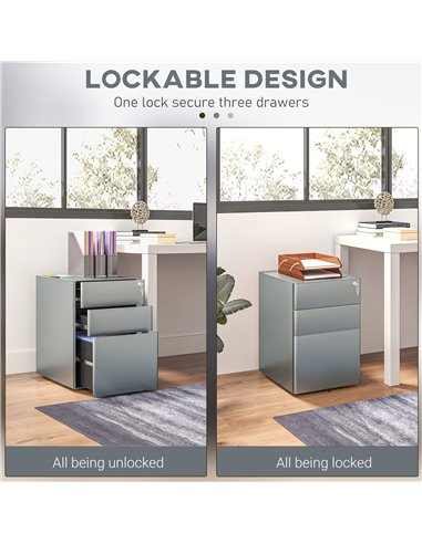 Vinsetto Lockable Cabinet, Rolling Filing Cabinet with 3 Drawers, Steel Office Drawer Unit for A4, Letter, Legal Sized Files 924