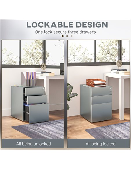 Vinsetto Lockable Cabinet, Rolling Filing Cabinet with 3 Drawers, Steel Office Drawer Unit for A4, Letter, Legal Sized Files 924 - pic 58510 | FastDaddyshop