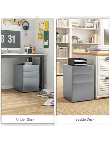 Vinsetto Lockable Cabinet, Rolling Filing Cabinet with 3 Drawers, Steel Office Drawer Unit for A4, Letter, Legal Sized Files 924