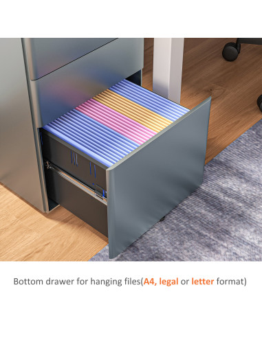 Vinsetto Lockable Cabinet, Rolling Filing Cabinet with 3 Drawers, Steel Office Drawer Unit for A4, Letter, Legal Sized Files 924