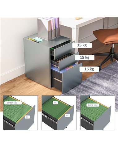 Vinsetto Lockable Cabinet, Rolling Filing Cabinet with 3 Drawers, Steel Office Drawer Unit for A4, Letter, Legal Sized Files 924