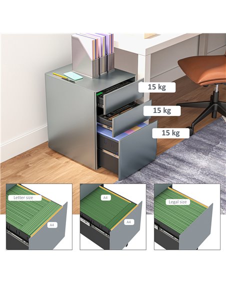 Vinsetto Lockable Cabinet, Rolling Filing Cabinet with 3 Drawers, Steel Office Drawer Unit for A4, Letter, Legal Sized Files 924 - pic 58514 | FastDaddyshop