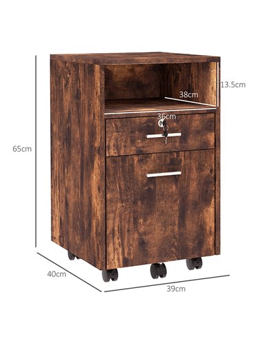 Vinsetto Lockable Filing Cabinet for Home Office, Mobile File Cabinet with Wheels Hanging Bar for A4, Letter Size, Rustic Brown 