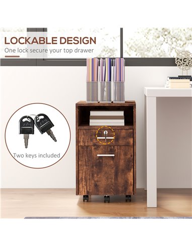 Vinsetto Lockable Filing Cabinet for Home Office, Mobile File Cabinet with Wheels Hanging Bar for A4, Letter Size, Rustic Brown 