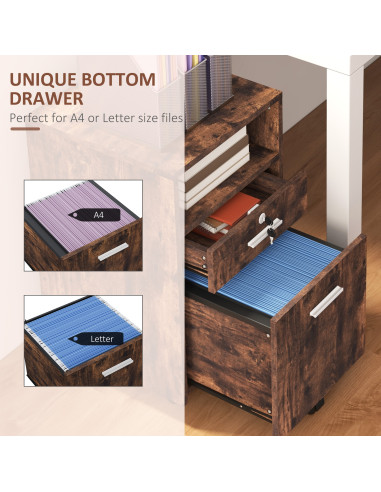 Vinsetto Lockable Filing Cabinet for Home Office, Mobile File Cabinet with Wheels Hanging Bar for A4, Letter Size, Rustic Brown 