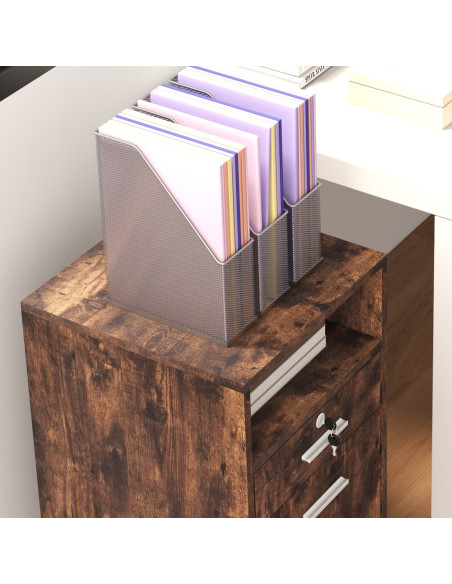 Vinsetto Lockable Filing Cabinet for Home Office, Mobile File Cabinet with Wheels Hanging Bar for A4, Letter Size, Rustic Brown  - pic 58523 | FastDaddyshop