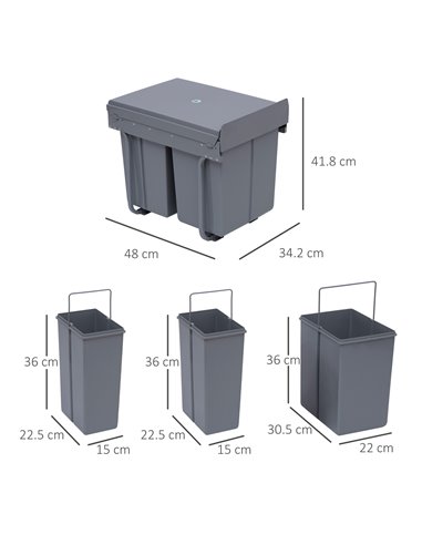 HOMCOM Kitchen Recycle Waste Bin Pull Out Soft Close Dustbin Recycling Cabinet Trash Can Grey (40L (1x20L+2x10L)) 851-002