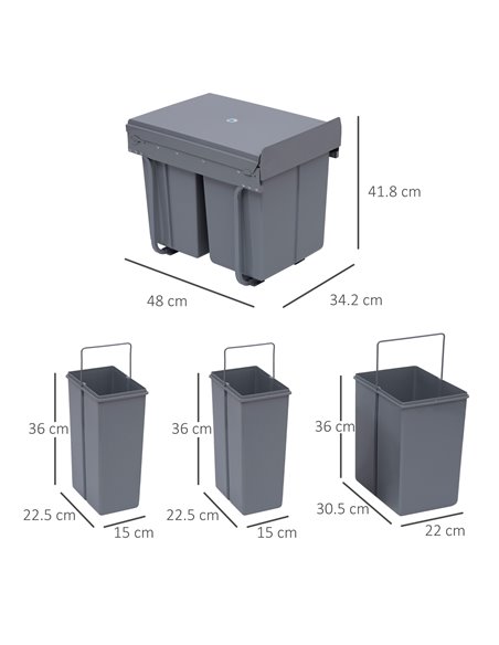HOMCOM Kitchen Recycle Waste Bin Pull Out Soft Close Dustbin Recycling Cabinet Trash Can Grey (40L (1x20L+2x10L)) 851-002 - pic 58527 | FastDaddyshop