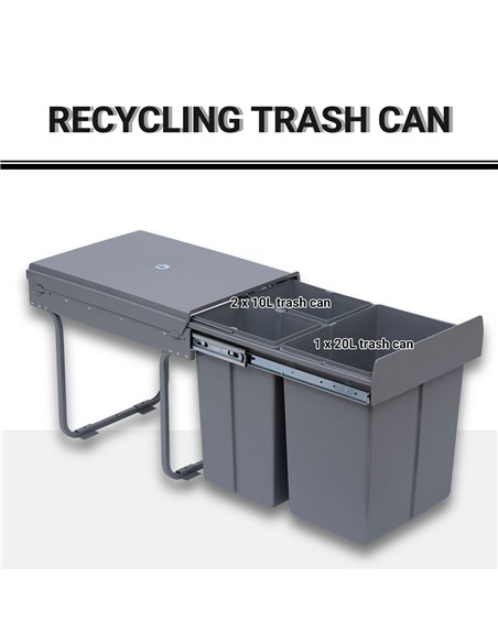 HOMCOM Kitchen Recycle Waste Bin Pull Out Soft Close Dustbin Recycling Cabinet Trash Can Grey (40L (1x20L+2x10L)) 851-002 - pic 58529 | FastDaddyshop