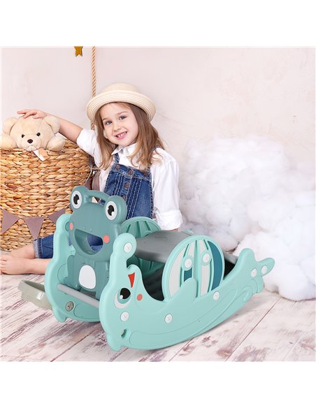 HOMCOM 3-in-1 Baby Rocking Horse Portable Slide Basketball Hoop Equipment Indoor Outdoor Playground Toy, Age 3-5, Green - pic 5853 | FastDaddyshop