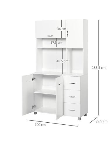HOMCOM Freestanding Kitchen Storage Unit w/ Cupboard Cabinets Open Compartments Drawers Metal Handles Side Shelf Server Organisa