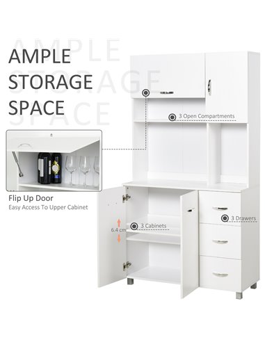 HOMCOM Freestanding Kitchen Storage Unit w/ Cupboard Cabinets Open Compartments Drawers Metal Handles Side Shelf Server Organisa