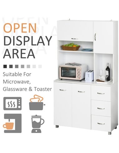 HOMCOM Freestanding Kitchen Storage Unit w/ Cupboard Cabinets Open Compartments Drawers Metal Handles Side Shelf Server Organisa