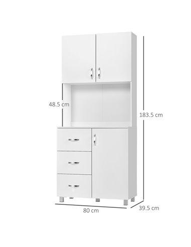 HOMCOM Free standing Kitchen Cabinet Cupboard with 2 cabinet, 3 drawers and 1 Open Space, Adjustable Height Storage Unit, White 