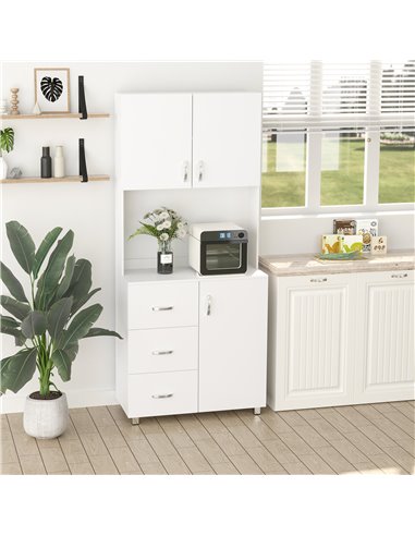 HOMCOM Free standing Kitchen Cabinet Cupboard with 2 cabinet, 3 drawers and 1 Open Space, Adjustable Height Storage Unit, White 
