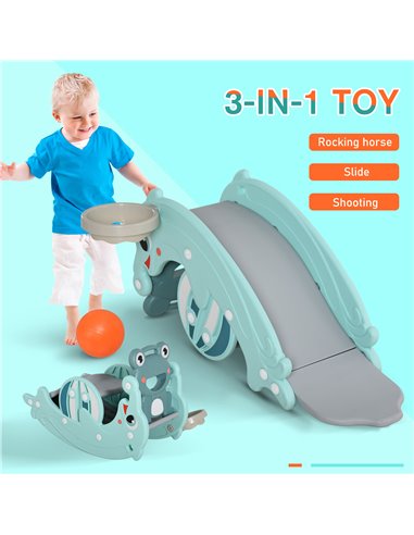 HOMCOM 3-in-1 Baby Rocking Horse Portable Slide Basketball Hoop Equipment Indoor Outdoor Playground Toy, Age 3-5, Green
