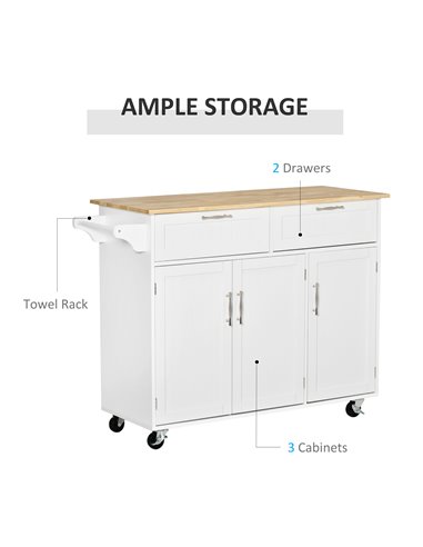 HOMCOM Kitchen Island Utility Cart, with 2 Storage Drawers & Cabinets for Dining Room, White 801-204