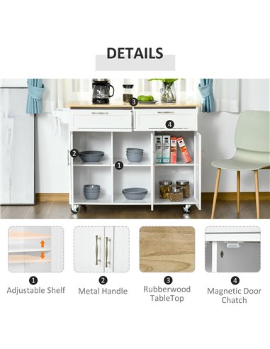 HOMCOM Kitchen Island Utility Cart, with 2 Storage Drawers & Cabinets for Dining Room, White 801-204