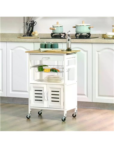 HOMCOM Rolling Kitchen Island Trolley Utility Cart on Wheels with Bamboo Table Top, Storage Cabinet, Drawer and Wire Basket - Wh