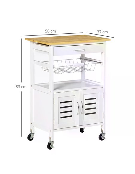 HOMCOM Rolling Kitchen Island Trolley Utility Cart on Wheels with Bamboo Table Top, Storage Cabinet, Drawer and Wire Basket - Wh - pic 58617 | FastDaddyshop