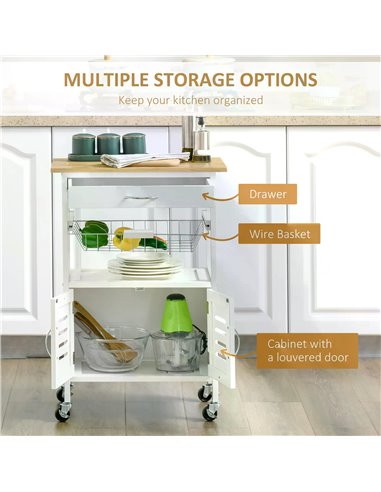 HOMCOM Rolling Kitchen Island Trolley Utility Cart on Wheels with Bamboo Table Top, Storage Cabinet, Drawer and Wire Basket - Wh