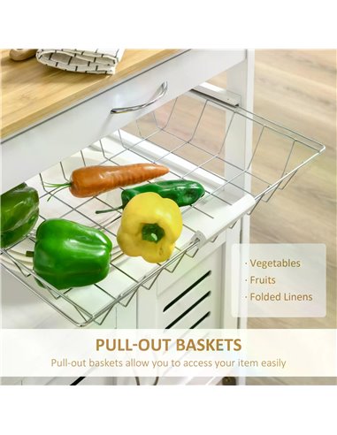 HOMCOM Rolling Kitchen Island Trolley Utility Cart on Wheels with Bamboo Table Top, Storage Cabinet, Drawer and Wire Basket - Wh