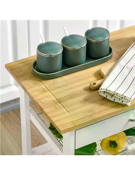 HOMCOM Rolling Kitchen Island Trolley Utility Cart on Wheels with Bamboo Table Top, Storage Cabinet, Drawer and Wire Basket - Wh - pic 58622 | FastDaddyshop