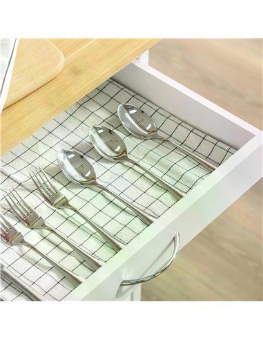 HOMCOM Rolling Kitchen Island Trolley Utility Cart on Wheels with Bamboo Table Top, Storage Cabinet, Drawer and Wire Basket - Wh