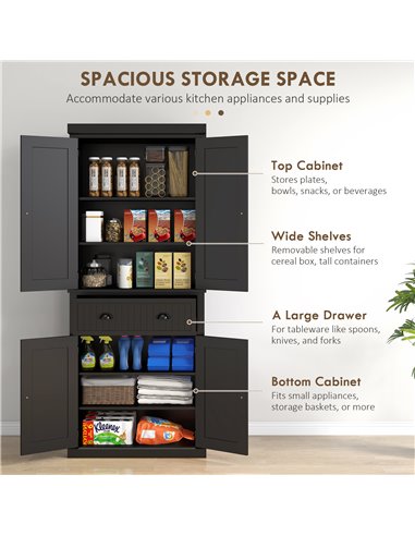 HOMCOM Traditional Kitchen Cupboard Freestanding Storage Cabinet with Drawer, Doors and Adjustable Shelves, Black 835-042V02BK