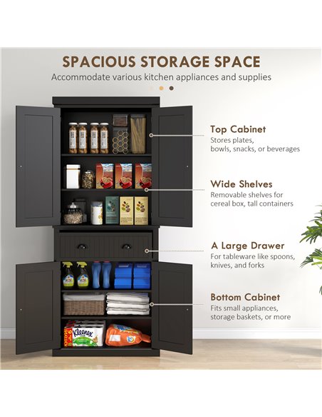 HOMCOM Traditional Kitchen Cupboard Freestanding Storage Cabinet with Drawer, Doors and Adjustable Shelves, Black 835-042V02BK - pic 58636 | FastDaddyshop