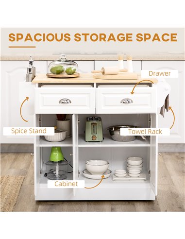 HOMCOM Kitchen Island with Storage Rolling Kitchen Serving Cart with Rubber Wood Top Towel Rack Storage Drawer Cabinet White 801
