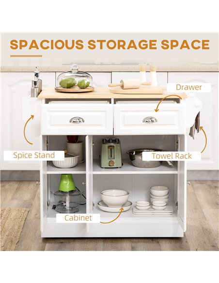 HOMCOM Kitchen Island with Storage Rolling Kitchen Serving Cart with Rubber Wood Top Towel Rack Storage Drawer Cabinet White 801 - pic 58645 | FastDaddyshop