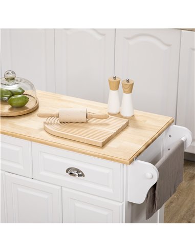 HOMCOM Kitchen Island with Storage Rolling Kitchen Serving Cart with Rubber Wood Top Towel Rack Storage Drawer Cabinet White 801