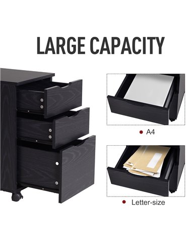 HOMCOM 3-Drawer File Cabinet Under Desk Office Storage Cabinet A4/Letter/Binders Movable W/ Slide Wheels Black Oak Color 913-018