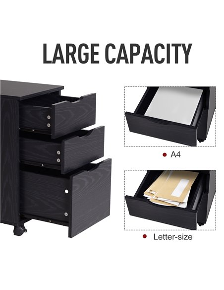 HOMCOM 3-Drawer File Cabinet Under Desk Office Storage Cabinet A4/Letter/Binders Movable W/ Slide Wheels Black Oak Color 913-018 - pic 58835 | FastDaddyshop