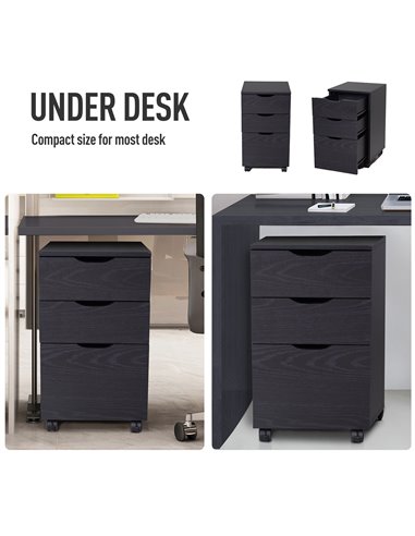 HOMCOM 3-Drawer File Cabinet Under Desk Office Storage Cabinet A4/Letter/Binders Movable W/ Slide Wheels Black Oak Color 913-018