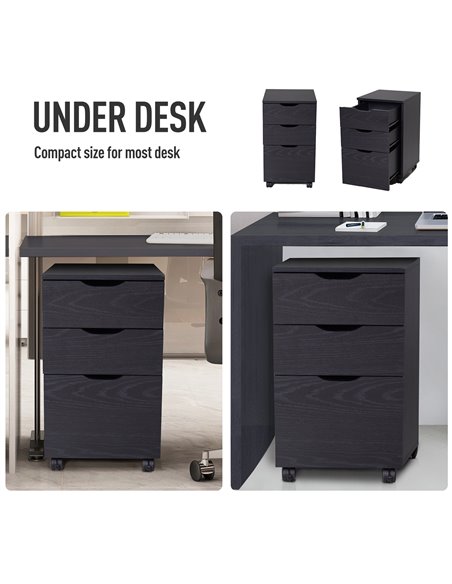 HOMCOM 3-Drawer File Cabinet Under Desk Office Storage Cabinet A4/Letter/Binders Movable W/ Slide Wheels Black Oak Color 913-018 - pic 58836 | FastDaddyshop