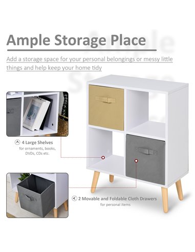 HOMCOM Freestanding 4 Cube Storage Cabinet Unit w/ 2 Fabric Drawers Handles Home Office Organisation Shelves Furniture 54.5L x 2