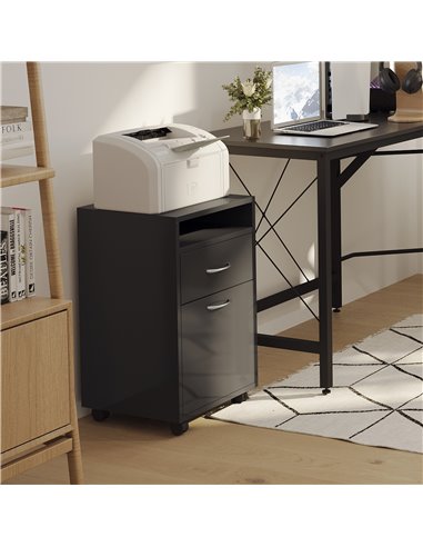 HOMCOM Mobile Storage Cabinet with Drawer, Open Shelf, Metal Handles, 4 Wheels, Office Home Organiser, Black 836-027BK