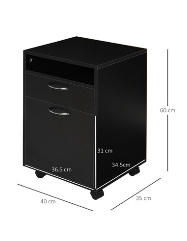 HOMCOM Mobile Storage Cabinet with Drawer, Open Shelf, Metal Handles, 4 Wheels, Office Home Organiser, Black 836-027BK