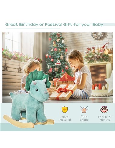 HOMCOM Kids Plush Ride-On Rocking Horse Triceratops-shaped Plush Toy Rocker with Realistic Sounds for Child 36-72 Months Dark Gr