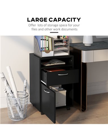 HOMCOM Mobile Storage Cabinet with Drawer, Open Shelf, Metal Handles, 4 Wheels, Office Home Organiser, Black 836-027BK