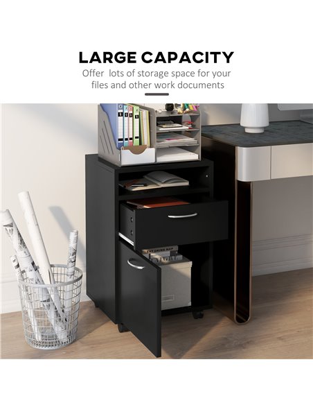 HOMCOM Mobile Storage Cabinet with Drawer, Open Shelf, Metal Handles, 4 Wheels, Office Home Organiser, Black 836-027BK - pic 58870 | FastDaddyshop