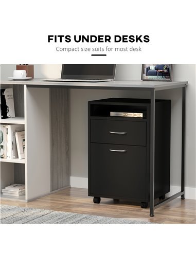 HOMCOM Mobile Storage Cabinet with Drawer, Open Shelf, Metal Handles, 4 Wheels, Office Home Organiser, Black 836-027BK